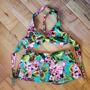 SUNSETS FUNKY TROPICAL FLORAL SPLIT SKIRT BIKINI SET - 36DD TOP LARGE BOTTOM